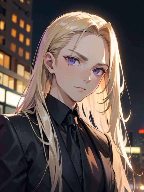 Masterpiece, high quality, Single man, Ethereal, handsome, middle age man, old, masculine, broad shoulders, portrait, long blond hair, straight hair, slick back hair, show forehead, high cheekbones, hollow cheeks, white eyebrows, dark skin, purple eyes, cosmieyes, colorful, black colors, wearing a black suit, black slacks, The face is smug, arrogant, skyscrapers in the background, night time, Rich in color, cinnamon tree, close-up shot, bust photo, do not show hand, Look at viewer.