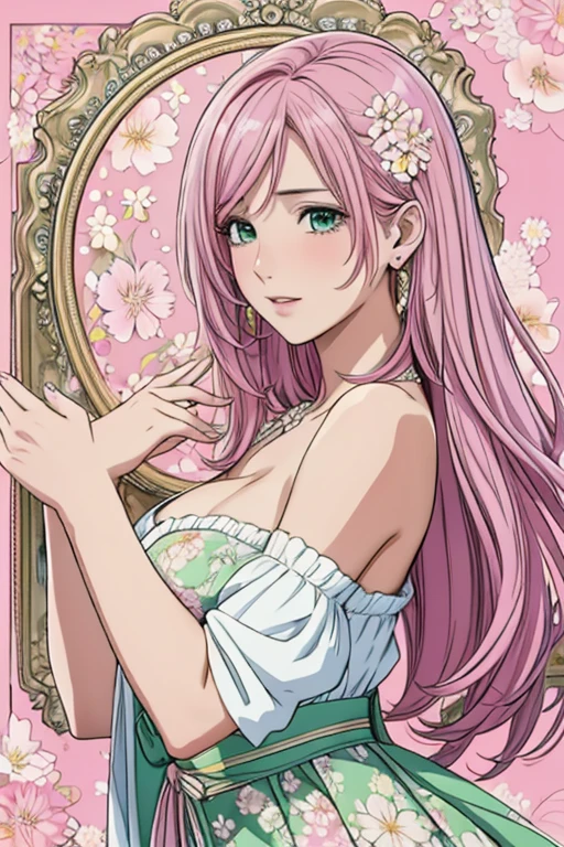 (masterpiece, top-quality, top-quality, Official art, Beautifully Aesthetic:1.2), green eyes, (highest quality, masterpiece painting:1.3), immature woman, 16 years old, (half body shot), masterpiece, ultra high resolution, (((Flower frame, A lot of flowers in the frame, round frame, A beautiful girl fits into the frame))), Decorative panel, abstract art, (shot from a side angle), (Photoreal:1.0), ((light pink hair)),straight hair, beautiful shining hair, white and shining skin, Painterly, sketch, Texture, 超A high resolution, solo, Beautuful Women, A highly detailed, (Fractal Art:1.1), (colourfull:1.1), (florals:1.6), The most detailed, (Zentangle:1.2), (Dynamic Poses), (Abstract background:1.3), (shinny skin), (Many colors:0.8), (earrings:1.4), (pluma:0.9), Taisho romance