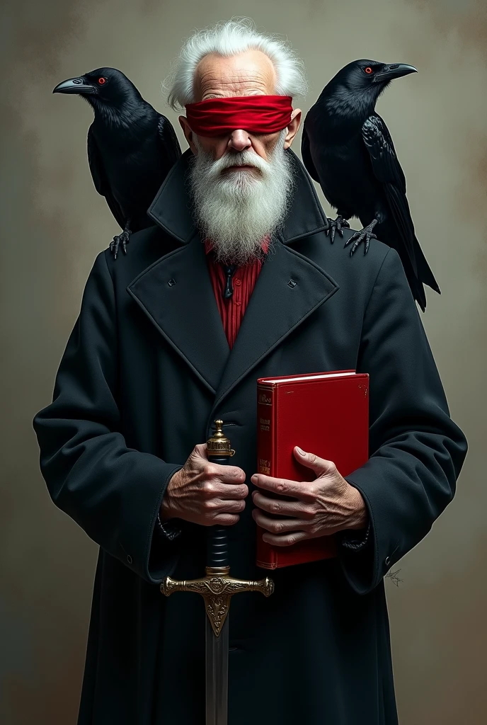 naughty man, White hair, red blindfold, black crows on the shoulders, holding a red-covered book in his left hand and with his right hand on the hilt of a sword that appears through his overcoat 