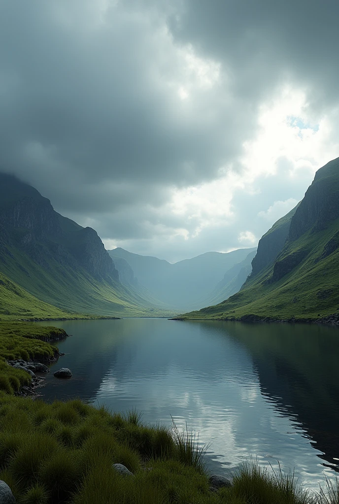 a beautiful serene lake in the scottish highlands,  realistic, photorealistic, photo-realistic:1.37, 8k, best quality, masterpiece:1.2, ultra-detailed, physically-based rendering, vivid colors, dramatic lighting, dramatic cloudy sky, lush green grass, rocky cliffs, reflections in the calm water, moody atmosphere