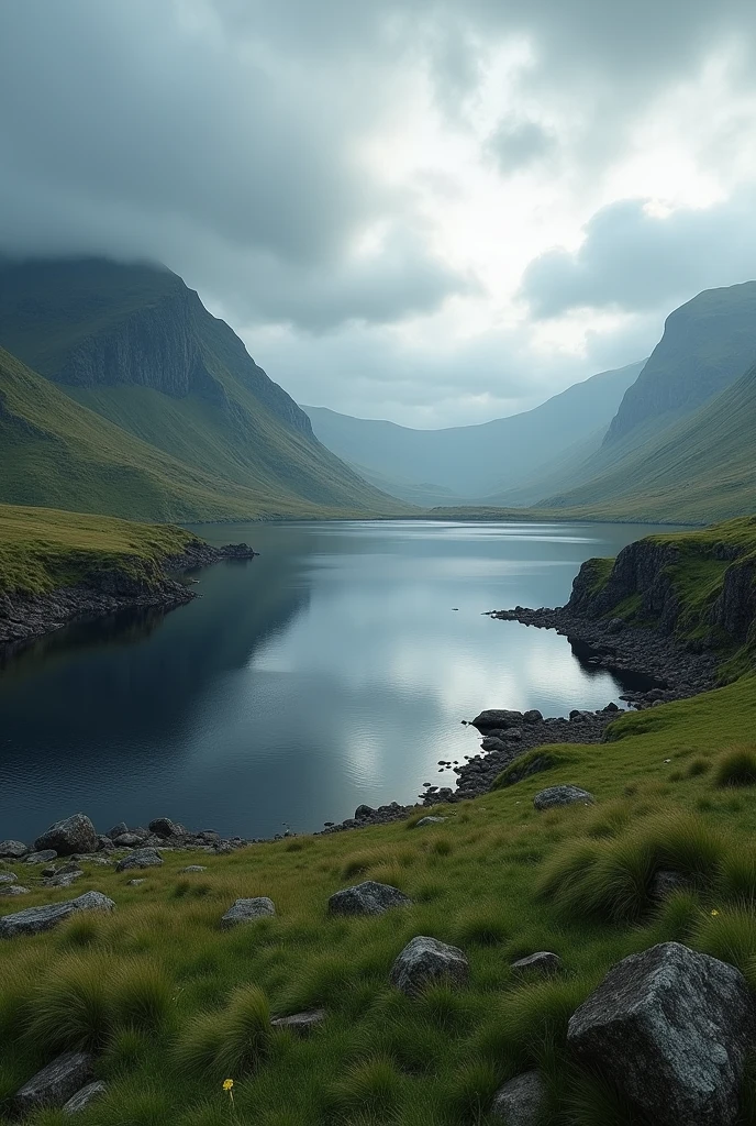 a beautiful serene lake in the scottish highlands,  realistic, photorealistic, photo-realistic:1.37, 8k, best quality, masterpiece:1.2, ultra-detailed, physically-based rendering, vivid colors, dramatic lighting, dramatic cloudy sky, lush green grass, rocky cliffs, reflections in the calm water, moody atmosphere