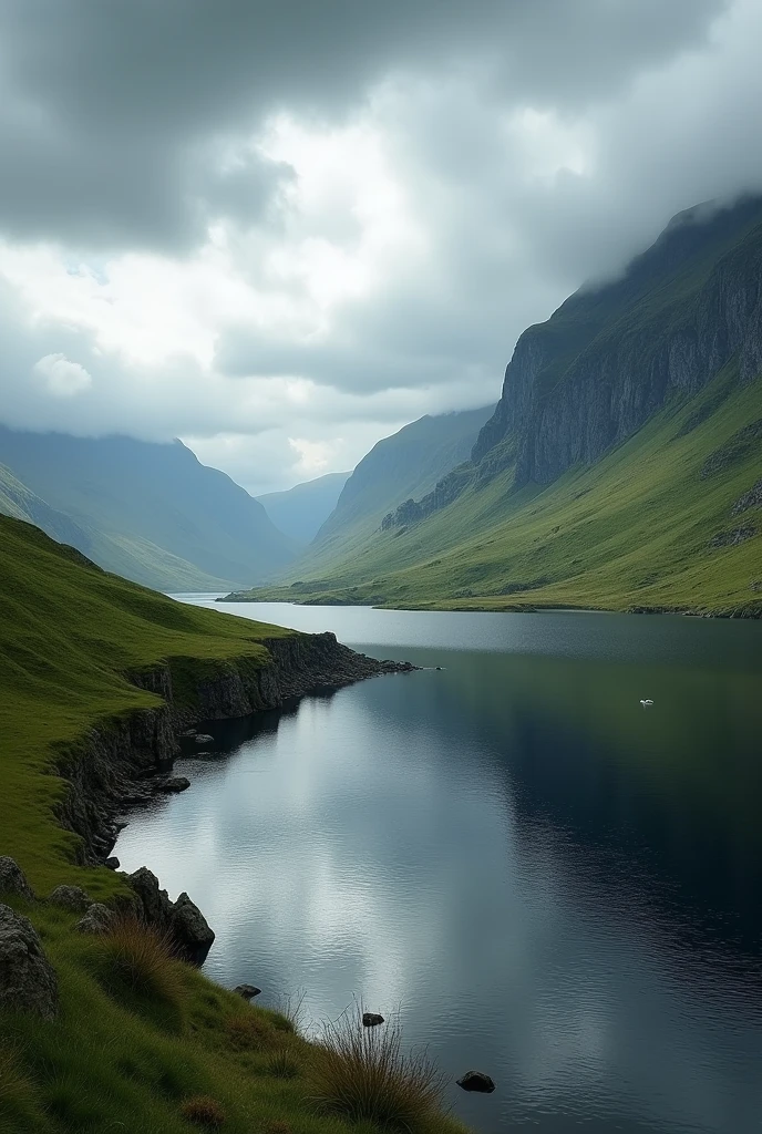 a beautiful serene lake in the scottish highlands, realistic, photorealistic, photo-realistic:1.37, 8k, best quality, masterpiece:1.2, ultra-detailed, physically-based rendering, vivid colors, dramatic lighting, dramatic cloudy sky, lush green grass, rocky cliffs, reflections in the calm water, moody atmosphere