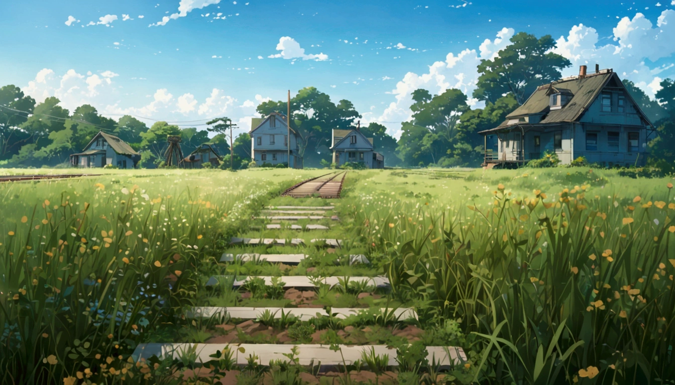 painting of a train track in a field with a house in the background, post apocalyptic. makoto shinkai, ( ( makoto shinkai ) ), overgrowth. by makoto shinkai, studio glibly makoto shinkai, makoto shinkai. —h 2160, by Makoto Shinkai, by makoto shinkai