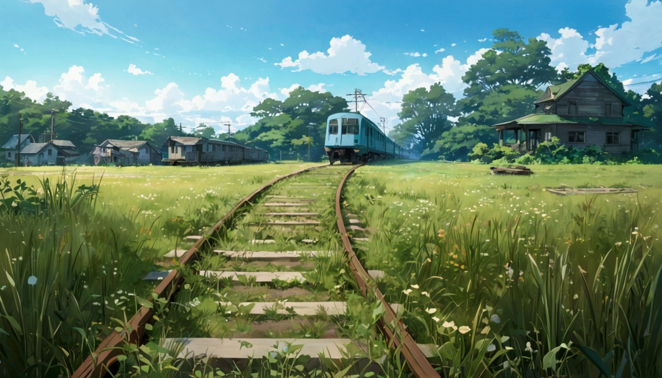 painting of a train track in a field with a house in the background, post apocalyptic. makoto shinkai, ( ( makoto shinkai ) ), overgrowth. by makoto shinkai, studio glibly makoto shinkai, makoto shinkai. —h 2160, by Makoto Shinkai, by makoto shinkai