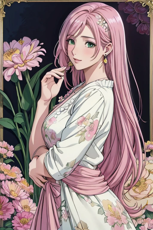 (​masterpiece, top-quality, top-quality, Official art, Beautifully Aesthetic:1.2), green eyes, (highest quality, masterpiece painting:1.3), immature woman, 16 years old, (half body shot), masterpiece, ultra high resolution, (((Flower frame, A lot of flowers in the frame, round frame, A beautiful girl fits into the frame))), Decorative panel, abstract art, (shot from a side angle), (Photoreal:1.0), ((light pink hair)),straight hair, beautiful shining hair, white and shining skin, Painterly, sketch, Texture, 超A high resolution, solo, Beautuful Women, A highly detailed, (Fractal Art:1.1), (colourfull:1.1), (florals:1.6), The most detailed, (Zentangle:1.2), (Dynamic Poses), (Abstract background:1.3), (shinny skin), (Many colors:0.8), (earrings:1.4), (pluma:0.9), Taisho romance