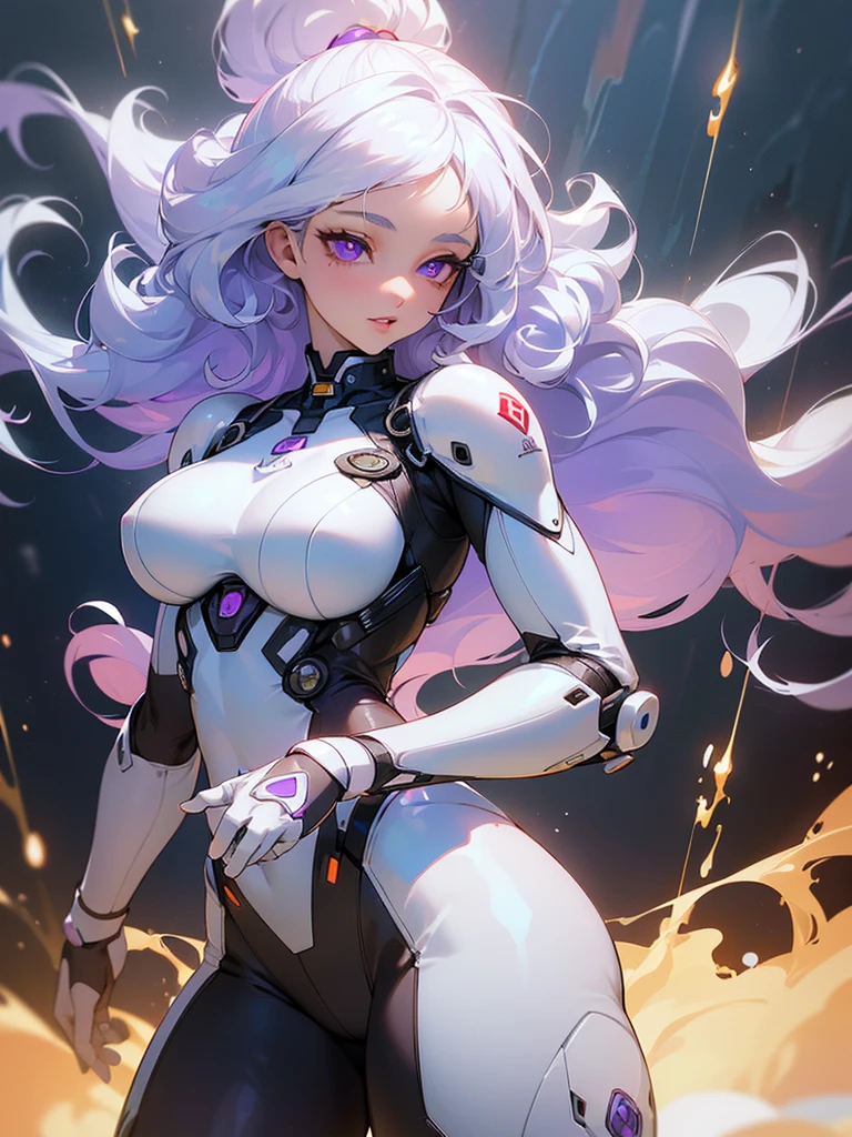 ((ultra quality)), ((masterpiece)), ((Water)), ((fire)), ((Angelic beauty woman)), ((long white curly hair)), ((White hair)), ((White hair)), ((curly hair)),  (beautiful face), (beautiful female lips), Enchanting ((Seductive facial expression)), looks at the camera with a slight smile, (White skin color), (White skin), glow on the body, ((detailed eyes)), ((violet eyes)), (juicy female lips), (dark eyeliner), (beautiful female hands), ((thick body)), ideal female body, ((combat suit)), beautiful waist, beautiful big hips, big breasts, thick thighs, ((Subtle and beautiful)) (), ((depth of field)), ((high quality clear image)), (delete details), ((High detail)), ((clear focus))