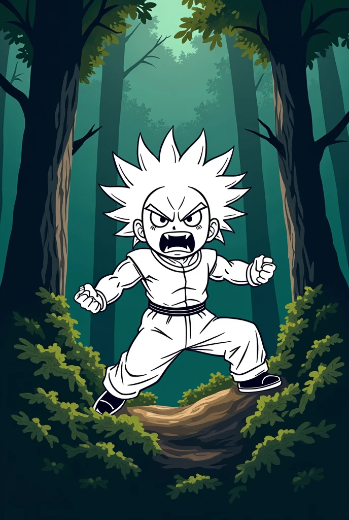 Make a logo a white thin stickman doodle with angry roar face with Kamehameha move and forest background 
