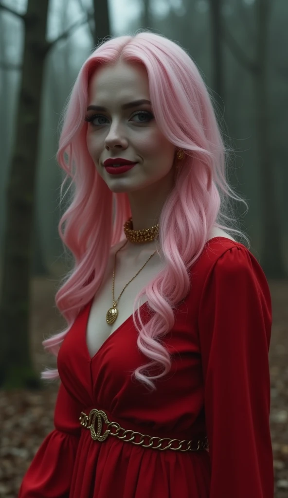 Extremely specific 4K photograph of a woman with Chanel pink hair, eyes black, seductive look and soft smile, red lipstick on the lips, golden accessories, wearing a long red dress in the horror park, halloween