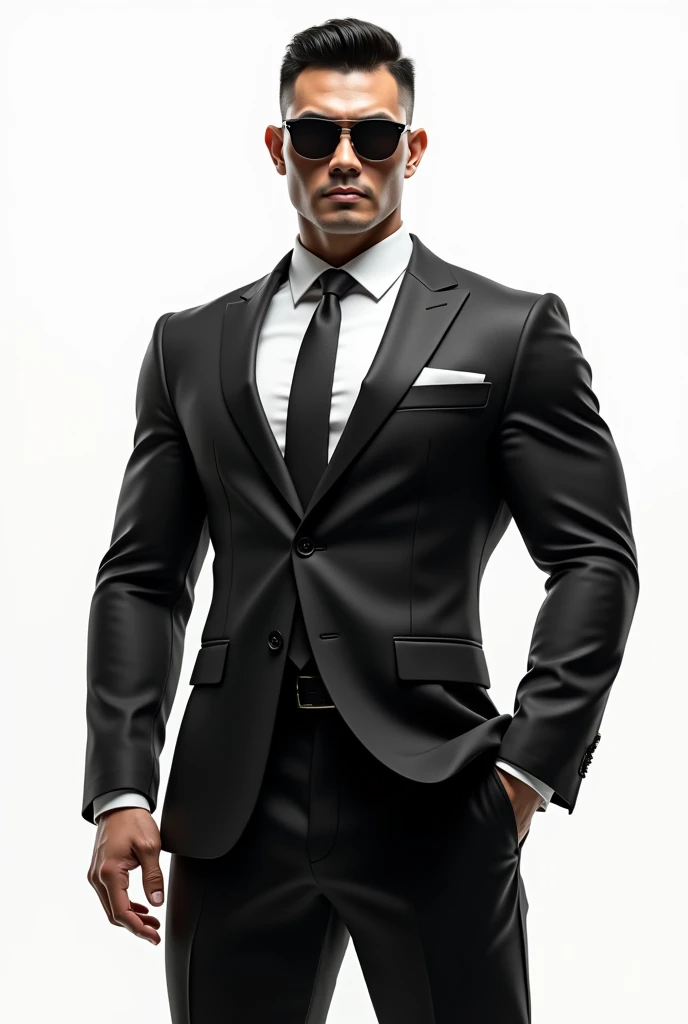 Asian strong buff man(He is strong,buff,confident, wears a suit and sunglasses and look fearless.)with white background