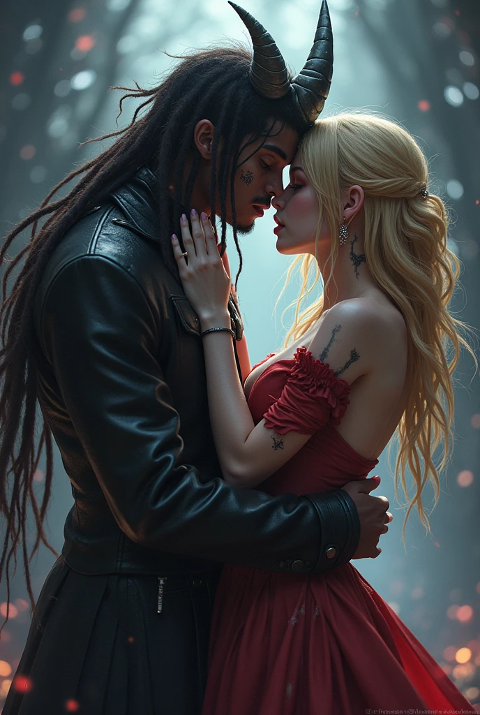 Neuvillette Kissing a guy that has dark skin, one red eye the other blue, a lot of scars, blonde dreads, big burn scar on the cheek, has snake bite piercings and a tongue piercing, has white dragon horns and tail