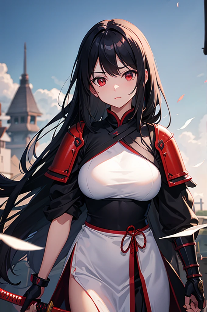 Woman samurai armor long black hair red eyes big breast village sword