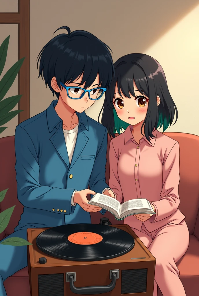 an anime couple, the boy who is listening to music, with black hair and blue frame colored glasses, and with brown eyes, in a blue Stitch suit and the girl reading next to him, with black hair and green highlights, The girl's hair is short in front and long in back, with dark brown eyes, with a pink Stitch suit, Next to them there should be a record player and a vinyl record, that the record player is seen in its entirety.