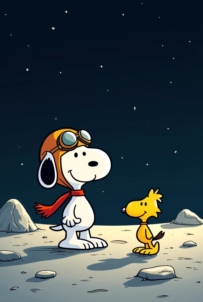 Snoopy and his friend the yellow bird on the moon With a style to draw it, more 2D not so realistic 