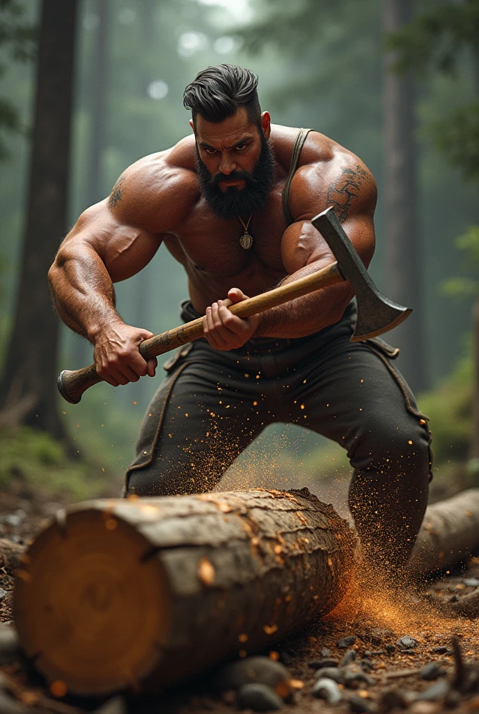 But when he started to cut the log, he had to work very hard and sweat a lot.