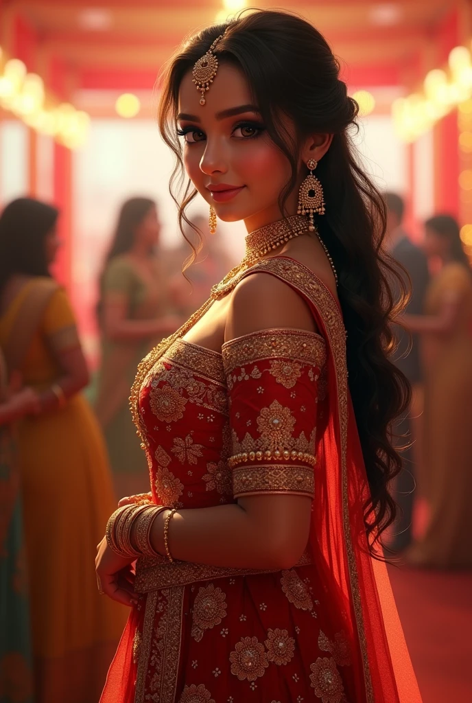 A young realistic woman adorned in very elegant traditional sexy Indian attire, cute and sexy face, very very enormous breasts(boobs), sexy body type, sexy outfit, sexy smile. Indian wedding (realistic perfect face)) turning left