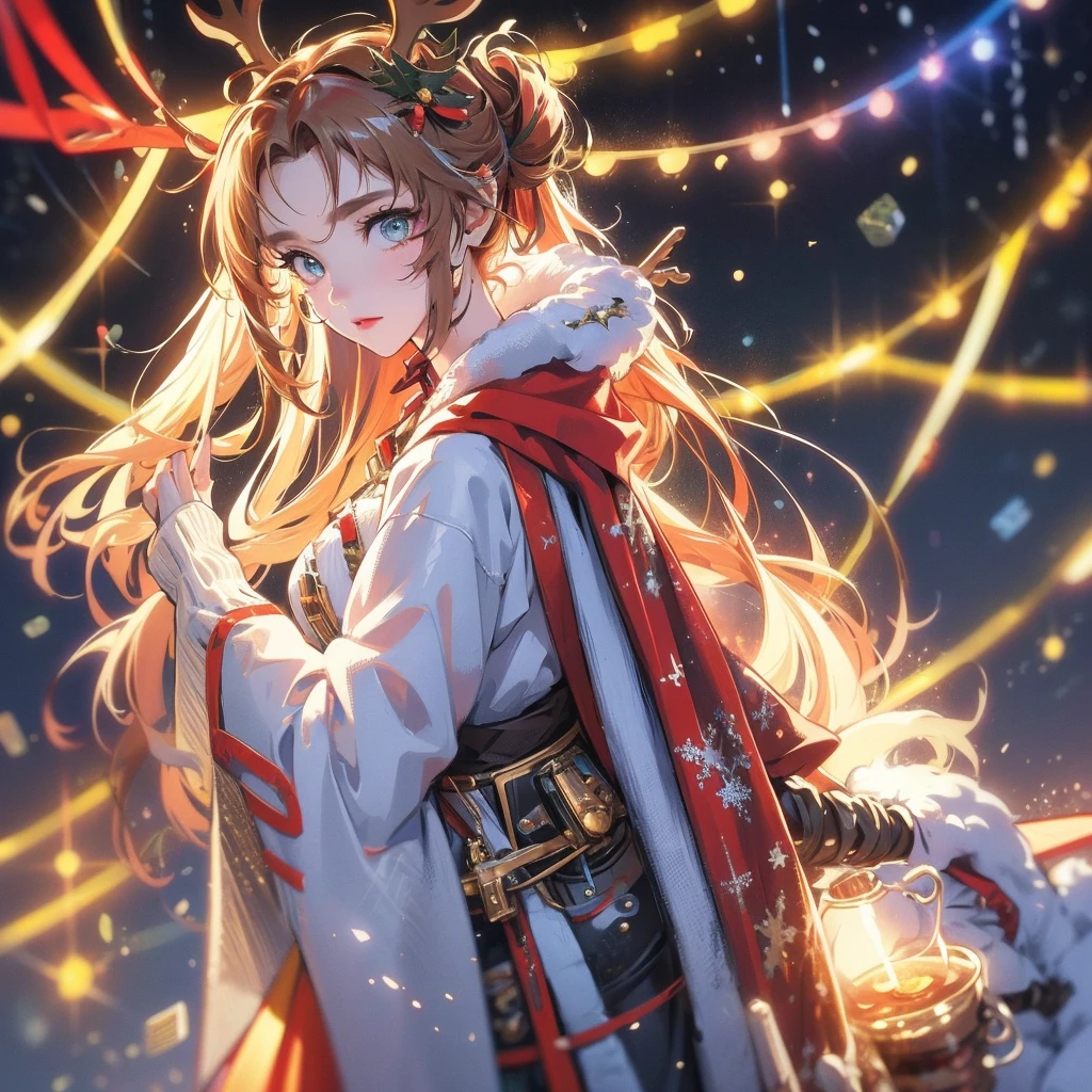 Christmas theme, 1 cute beautiful cyborg, 8k, hd, unreal engine, masterpiece, 4k, extra details, Christmas decoration, snow, close face, Christmas cosplay, reindeer ears