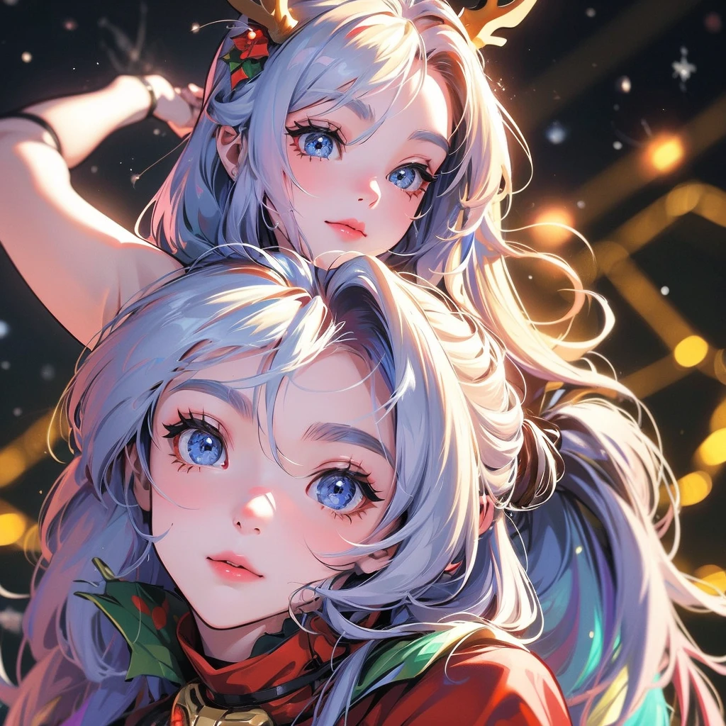 Christmas theme, 1 cute beautiful cyborg, 8k, hd, unreal engine, masterpiece, 4k, extra details, Christmas decoration, snow, close face, Christmas cosplay, reindeer ears