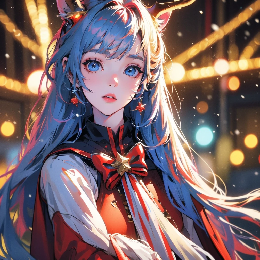 Christmas theme, 1 cute beautiful cyborg, 8k, hd, unreal engine, masterpiece, 4k, extra details, Christmas decoration, snow, close face, Christmas cosplay, reindeer ears