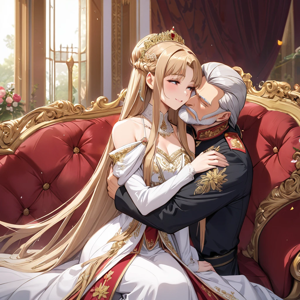 ((Highest quality)), ((masterpiece)), (detailed), （Perfect Face）、The woman is Yuuki Asuna, a Russian with light brown, medium-long hair, an elegant, graceful and beautiful Russian noblewoman, and the Empress of the Great Russian Empire.、The woman is beautifully dressed in the gorgeous and glittering gold-colored Russian court dress of an ancient Russian empress, with gorgeous accessories, and a beautiful and luxurious kokoshnik.、The woman is standing next to a great and imposing old Russian emperor with a beard.、The woman sits in love and embraces the great Russian emperor on a luxurious sofa in the palace.、A woman is sitting happily close to the great old Russian emperor, hugging and kissing him on a luxurious sofa in the palace. The deeply in love couple, the elderly emperor and the beautiful young empress, are