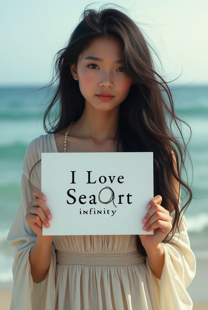 Beautiful girl with wavy long hair, bohemian dress, holding a white board with text "I Love Seaart Infinity" and showing it to the viewer