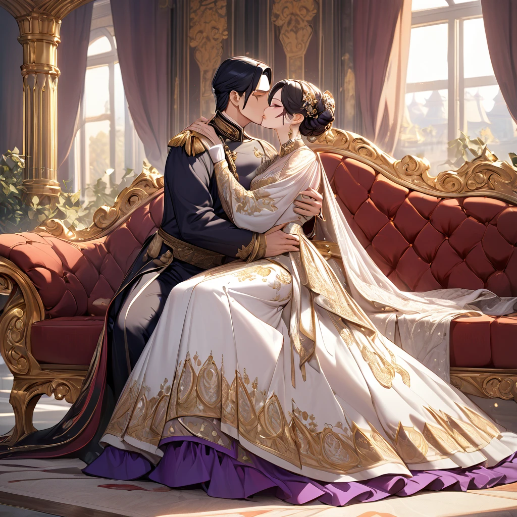 ((Highest quality)), ((masterpiece)), (detailed), （Perfect Face）、The woman is Shinobu Kocho, a Russian with black hair with purple gradient ends, tied in a bob hairstyle, an elegant, graceful and beautiful Russian noblewoman, and the Empress of the Great Russian Empire.、The woman is beautifully dressed in the gorgeous and glittering gold-colored ancient Russian court dress of an ancient Russian empress, accessorized with luxurious accessories and kokoshniks.、The woman is standing next to a great and dignified old Russian emperor.、A woman is sitting on a luxurious sofa in a palace hugging and kissing a great old Russian emperor, looking happy and in love、The woman loves the emperor with all her heart.、the woman is pregnant