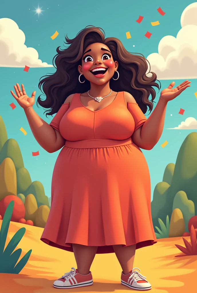 Create an image for me of a plus size woman, animated, not super fat but pleasantly plump, full body, she's smiling and has a fun pose, NOT BASIC, FUN