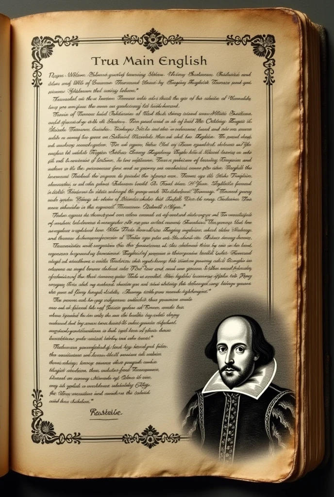 A old book page written Learn English through story right side in black image of shakespeare