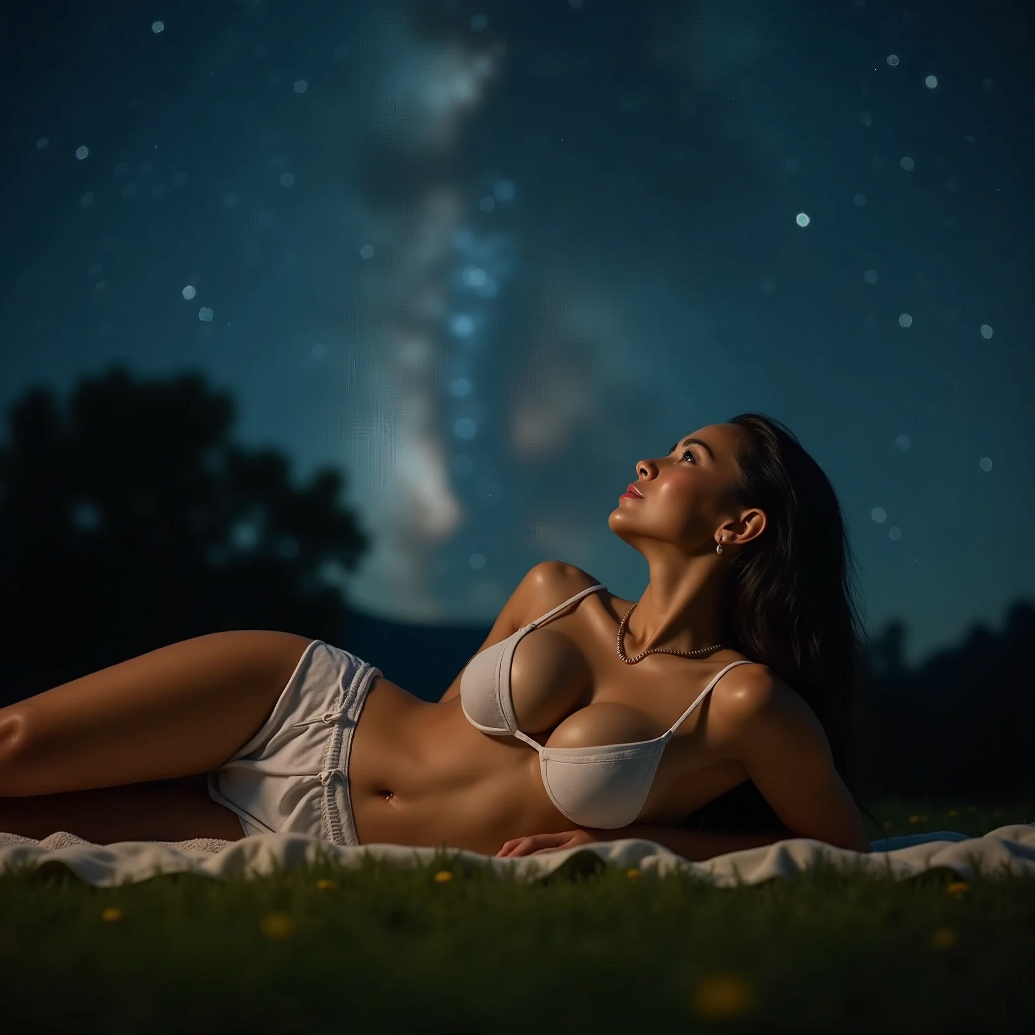 generate a master photograph describing a shapely Woman, a serene summer night sky filled with stars and a clear view of the Milky Way, with a tranquil atmosphere, (8K, best quality), she has a physique like Zendaya,naked breast, smile, brown hair, black hair, (big chest, small tiny waist, big breasts), half body, lying on a blanket on the grass, gazing up at the stars with a look of wonder, smiling gently, wearing casual home attire, (She has sexy buttocks, Most sexy booty, Most sexy glutes), Womanly, Womancore, (She has fit hips, sexy hips, sexy fit hips, extremely sexy hips), (asian skin, glistening skin, beautiful complexion), shot on Fujifilm superia, (Studio soft light, high detail, cinematic lighting, rim lighting), Style: (hyperrealistic, by DynastySeries FashionNova, photo, {{{masterpiece photography}}}, analog photograph, professional fashion photoshoot, trending on artstation, synthwave, krrrsty), Quality: (photographed, masterpiece, highest resolution), Definition: (highres, sharp focus, 8k uhd, ultra photo-realistic resolution), Film: (80 mm, shot on portra 120, shot on Fujifilm), Resolution: (extremely detailed, (sharp focus:1.5), cinematic lighting, dramatic lighting, ultra photo-realistic), luxury: mohawk hairstyle -upscale - -variation -