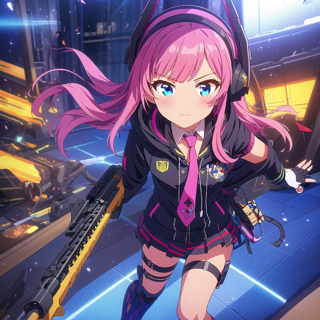 ((highest quality)), ((masterpiece)), (detailed), Perfect Face
(best quality),(masterpiece),(ultra detailed),(highres),production art,1girl, weapon, pink hair, gun, gloves, st ar-15 (girls' frontline), solo, fingerless gloves, rifle, ar-15, jacket, skirt, shell casing, long hair, hood, multicolored hair, holding weapon, holding, headphones, blue eyes, necktie, scope, black gloves, holding gun, suppressor, hooded jacket, one side up, thigh strap,