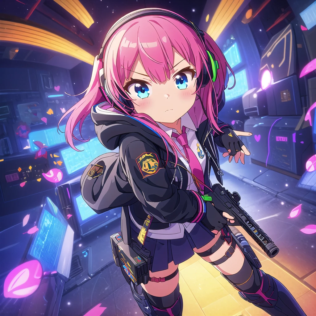 ((highest quality)), ((masterpiece)), (detailed), Perfect Face

(best quality),(masterpiece),(ultra detailed),(highres),production art,1girl, weapon, pink hair, gun, gloves, st ar-15 (girls' frontline), solo, fingerless gloves, rifle, ar-15, jacket, skirt, shell casing, long hair, hood, multicolored hair, holding weapon, holding, headphones, blue eyes, necktie, scope, black gloves, holding gun, suppressor, hooded jacket, one side up, thigh strap,