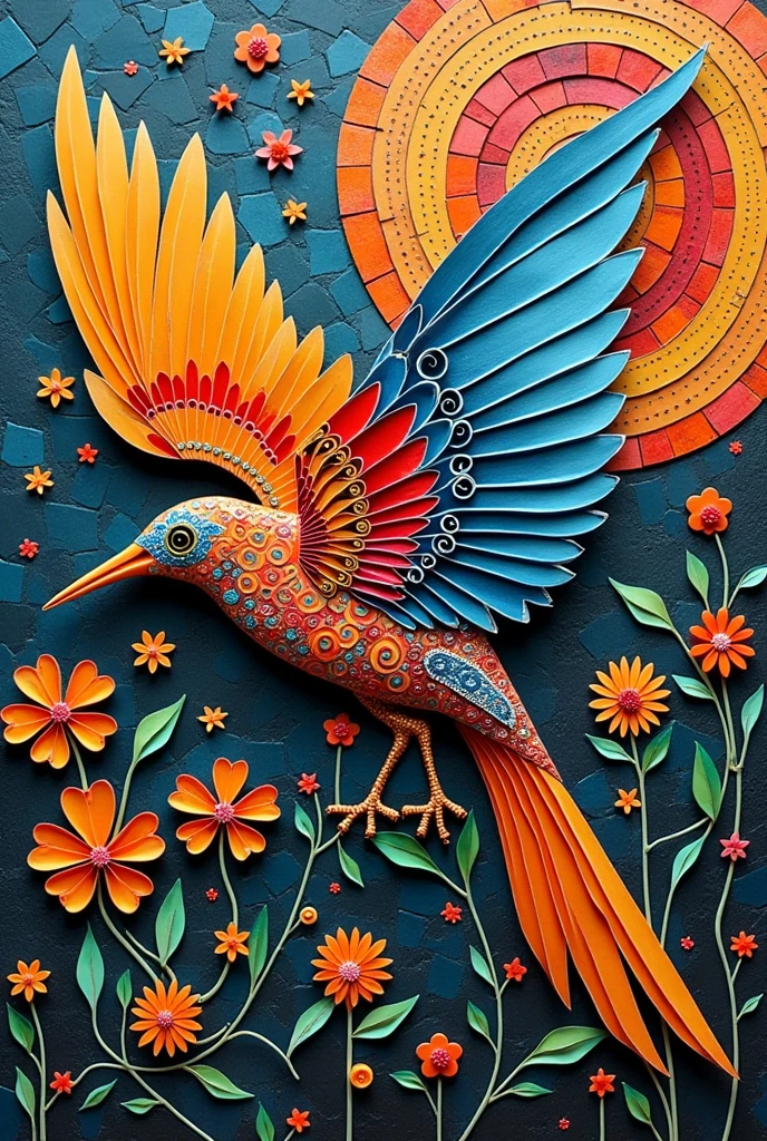 A vibrant, mixed-media art piece of a bird mid-flight, combining quilling, mosaic, and collage techniques, [Surrealism | Abstract Expressionism] [Paper Quilling | Mosaic Tiles | Collage] inspired by [Pablo Picasso | Gustav Klimt | Barbara Fajardo], [intricate paper coils | vivid tile patterns | layered textures], featuring