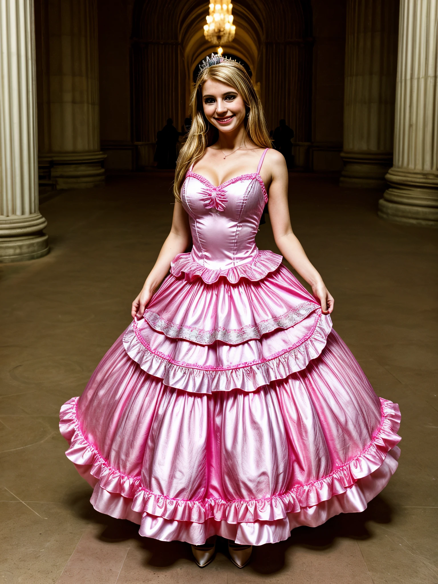 Make one woman wearing a cinderella hot pink princess dress,The womans are brunette and blonde, tem 25 anos, usa uma coroa, Palace environment,big breast, hoop skirt, smiling, high heels, 4k, detailded photo, full body
