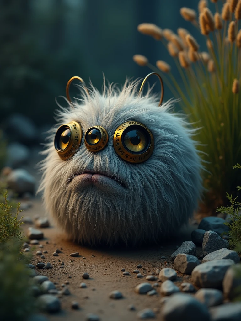 a detailed close-up captures a whimsical creature, its body resembling a spherical ball. the creature's head is adorned with three eyes, each encircled by a circular device. the creature's body is covered in a shaggy, gray fur, adding a touch of realism to the image. the creature is positioned on a dirt path, strewn with small rocks. the backdrop is a dark, moody scene, punctuated by a cluster of tall grasses. the lighting, seemingly artificial, casts a warm glow on the scene, enhancing the overall visual appeal.