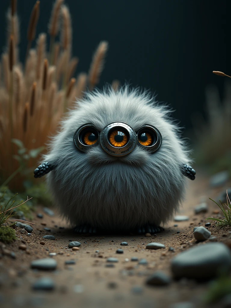 a detailed close-up captures a whimsical creature, its body resembling a spherical ball. the creature's head is adorned with three eyes, each encircled by a circular device. the creature's body is covered in a shaggy, gray fur, adding a touch of realism to the image. the creature is positioned on a dirt path, strewn with small rocks. the backdrop is a dark, moody scene, punctuated by a cluster of tall grasses. the lighting, seemingly artificial, casts a warm glow on the scene, enhancing the overall visual appeal.