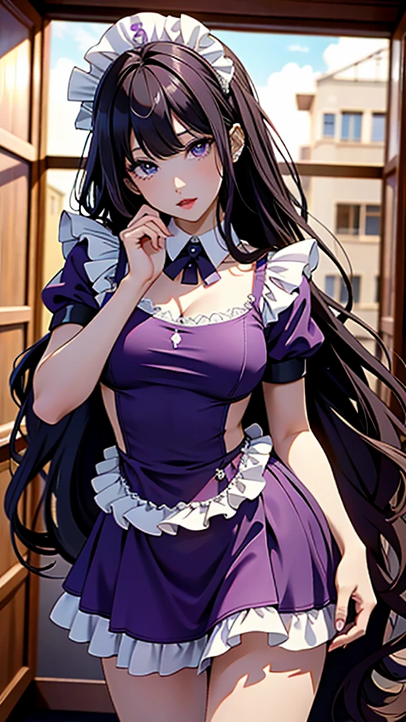 Masterpiece, Top quality, Super high resolution, 8K quality, (Realistic:1.4), Beautiful face with great detail, Silky long purple hair, Deep purple eyes, Beautiful eyes with high transparency, (((Best quality see-through Maid dress))), Amazing Japanese woman, Very cute, Portrait, Soft skin and perfect face, Perfect face, Shoot hair, 8K resolution, Super realistic, Very detailed, High quality, Wide perspective, sexy pose
