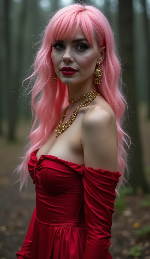 Extremely specific 4K photograph of a woman with Chanel pink hair, eyes black, seductive look and soft smile, red lipstick on the lips, golden accessories, wearing a long red dress in the horror park, halloween
