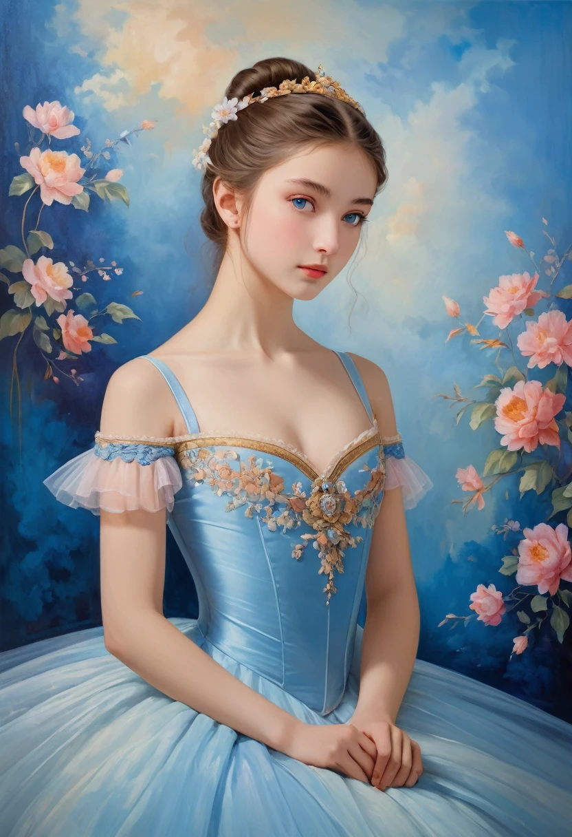 (high resolution,masterpiece:1.2),(Practical:1.37)"(best quality, high resolution, Extremely detailed, Practical),Beautiful portrait of a -yeld Frh ballerina from the 19th century, (She is of French and Japanese descent., She is a beautiful woman with deep blue eyes and a high nose:1.1), Exquisite ballet costumes, Detailed facial features, Slender and graceful neck, Flowing hair, Elegant posture, Soft and delicate lighting, Oil painting medium, Vibrant colors, Subtle background with floral pattern", Dreamy atmosphere, Surrealism,Mysterious atmosphere