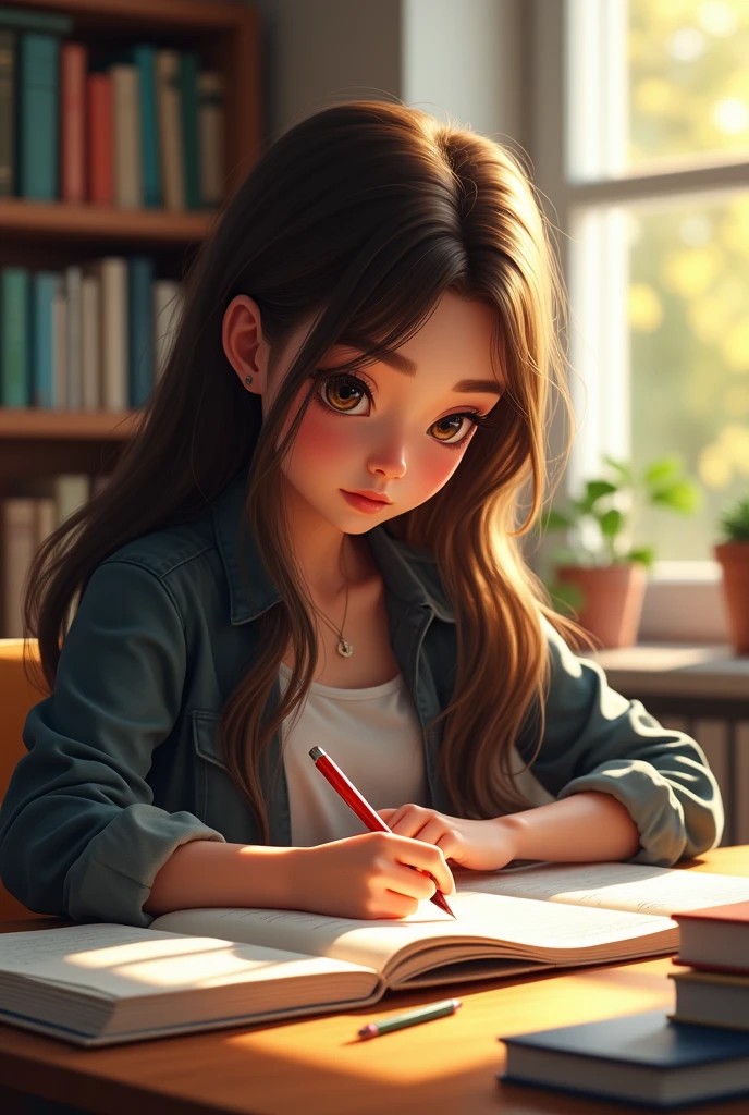 (Highest quality,4K,8k,High resolution,masterpiece:1.2),Very detailed,(Realistic,photoRealistic,photo-Realistic:1.37),Girl studying at study desk,Beautiful attention to detail,Beautiful lip detail,Very detailed目と顔,Long eyelashes,stunning long hair,Serious expression,intellectual expression,Concentrated eyes,Meticulously crafted study table,Well-organized books and stationery,Colorful pen and pencil,Well-organized notebooks and textbooks,Comfortable chair,Soft cushion,Cozy atmosphere,Bright sunlight shining through the window,Soft golden lighting,Peaceful atmosphere,Modern and stylish room décor,Thoughtful attitude,I have a pen,Deeply immersed in her research,Vibrant colors,Crisp, clear details,Clever Construction,Clear contours,Subtle Shadows,Textured Backgrounds,Dreamy color palette,Rich color saturation.