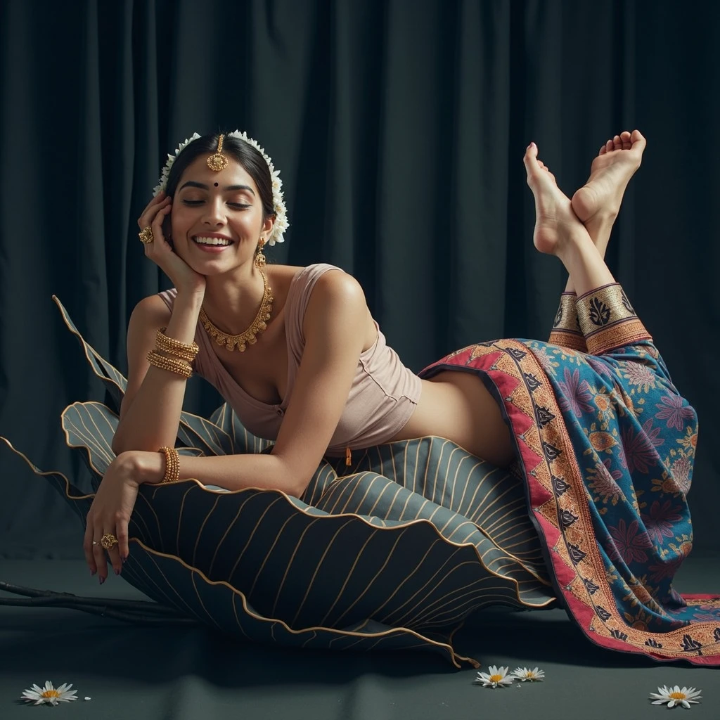 An exquisite minimalist masterpiece by Grace Paola Salome, featuring a captivating portrait of a modern South Indian college woman. The young woman wears an elegant sleeveless blouse and a vibrant, colorful chudidar with intricate patterns, which drapes fluidly around her graceful form. Her strength and vulnerability are beautifully expressed through her romantic and feminine poses, while her joyful laughter invites the viewer to become immersed in the scene. The artist's skillful use of simplified lines and subtle curves creates an intimate atmosphere, allowing the woman's presence to shine and captivate the viewer. Adorned with gold jewelry and a low bun decorated with white flowers, the woman lies on a large South Indian traditional Shoeblackplant flower with her eyes closed, one hand supporting her head and the other resting on a surface. This conceptual, cinematic, conceptual art