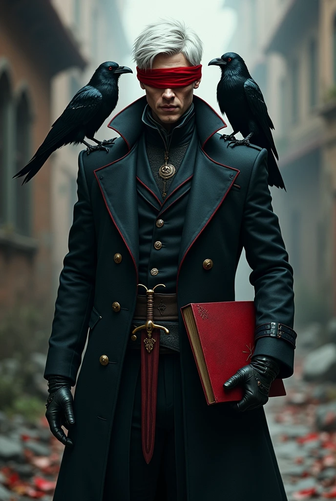 naughty man,age 25, White hair, red blindfold, black crows on the shoulders, holding a red-covered book in his left hand and with his right hand on the hilt of a sword that appears through his overcoat,  estilo the witcher 