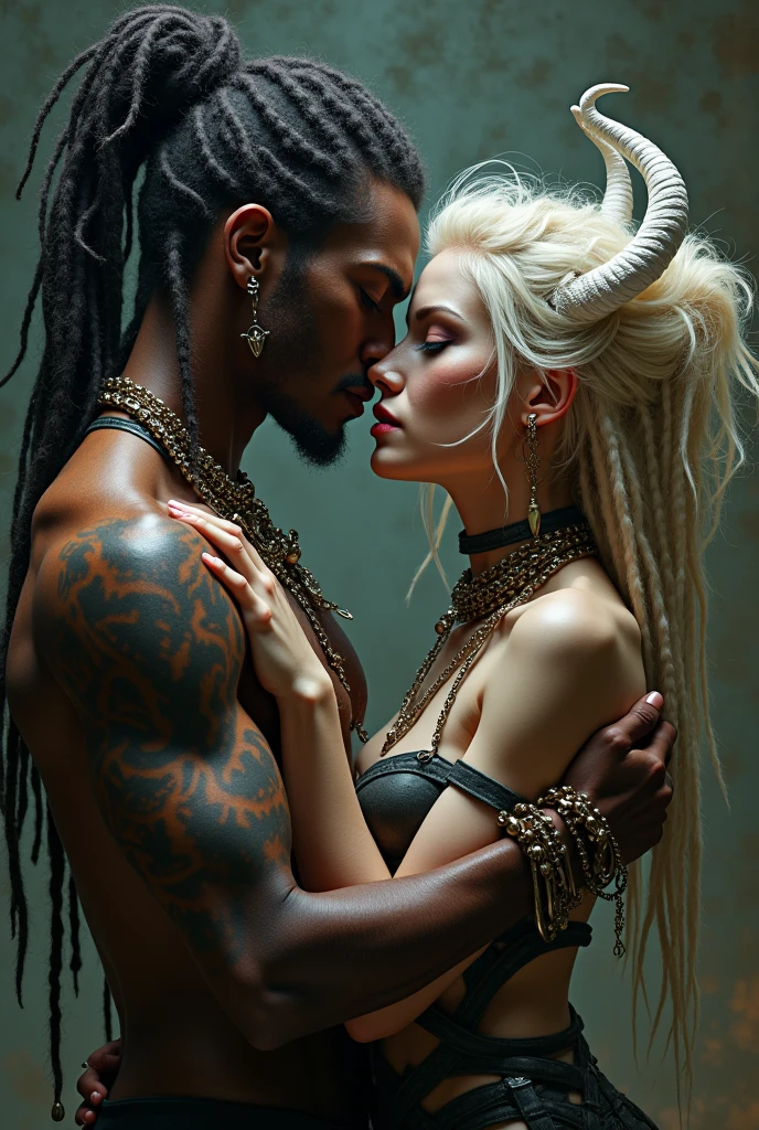 Neuvillette (guy) Kissing a guy that has dark skin, one red eye the other blue, a lot of scars, blonde dreads, big burn scar on the cheek, has snake bite piercings and a tongue piercing, has white dragon horns and tail