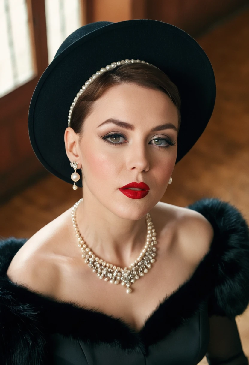 cinematic film still of Alcina Dimitrescu, Mrs. Dimitrescu, Women, High angle from above, dramatic light, big old, Dimitrescu, White skin, pale skin, Red lips, Alcina Dimitrescu, Mrs. Dimitrescu, muscular,formal dress, 1 girl, Alone, old, looking at the viewer, short hair, black fur, Thighs, has, neckline, jewelry, earrings, teeth, collar, GOOD, black hats, make up, lipstick, clenched teeth, black GOOD, pale skin, sun has, Women madura, hanging old, Pearl collar, veiny old, shallow depth of field, viñeta, Very detailed, high budget, bokeh, cinemascope, moody, epic, gorgeous, film grain, grainy, High saturation