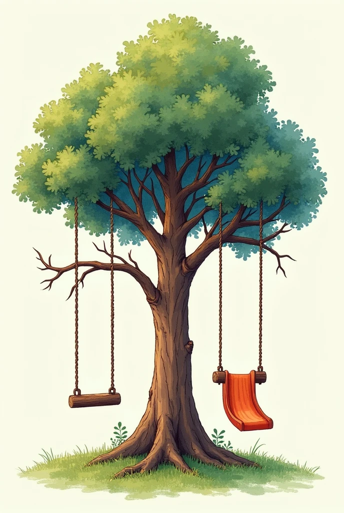 drawing of a game like slides, swings, In a tree