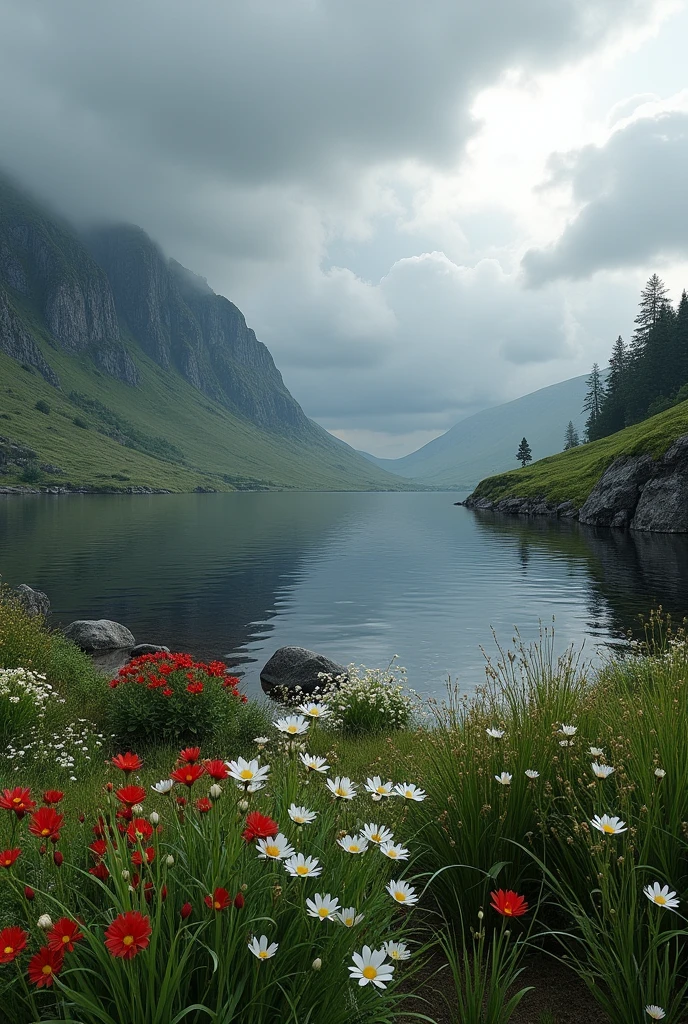 a beautiful serene lake in the scottish highlands, beautiful white and red flowers, realistic, photorealistic, photo-realistic:1.37, 8k, best quality, masterpiece:1.2, ultra-detailed, physically-based rendering, vivid colors, dramatic lighting, dramatic cloudy sky, lush green grass, rocky cliffs, reflections in the calm water, moody atmosphere