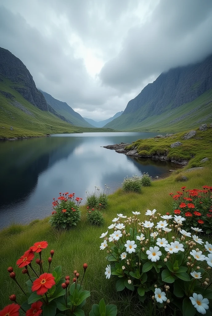 a beautiful serene lake in the scottish highlands, beautiful white and red flowers, realistic, photorealistic, photo-realistic:1.37, 8k, best quality, masterpiece:1.2, ultra-detailed, physically-based rendering, vivid colors, dramatic lighting, dramatic cloudy sky, lush green grass, rocky cliffs, reflections in the calm water, moody atmosphere