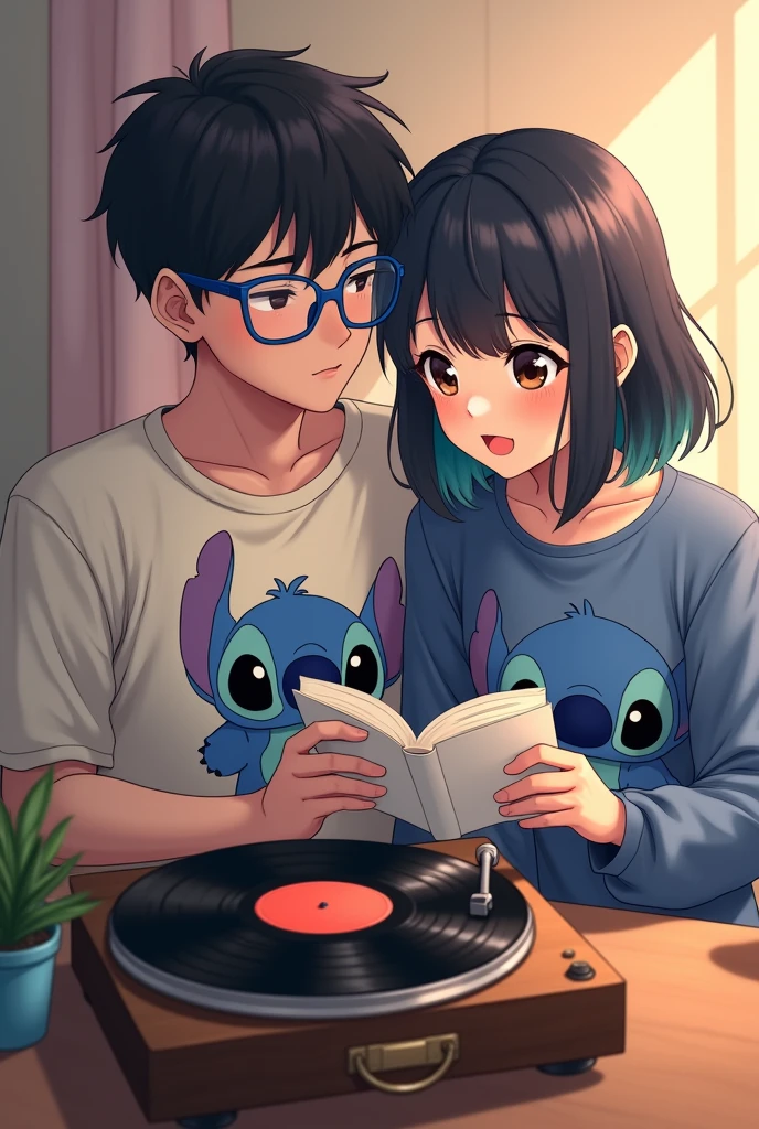 an anime couple, the boy who is listening to music, with black hair and blue frame colored glasses, and with brown eyes, in a blue Stitch suit and the girl reading next to him, with black hair and green highlights, The girl's hair is short in front and long in back, with dark brown eyes, with a pink Stitch suit, Next to them there should be a record player and a vinyl record, that the record player is seen in its entirety.