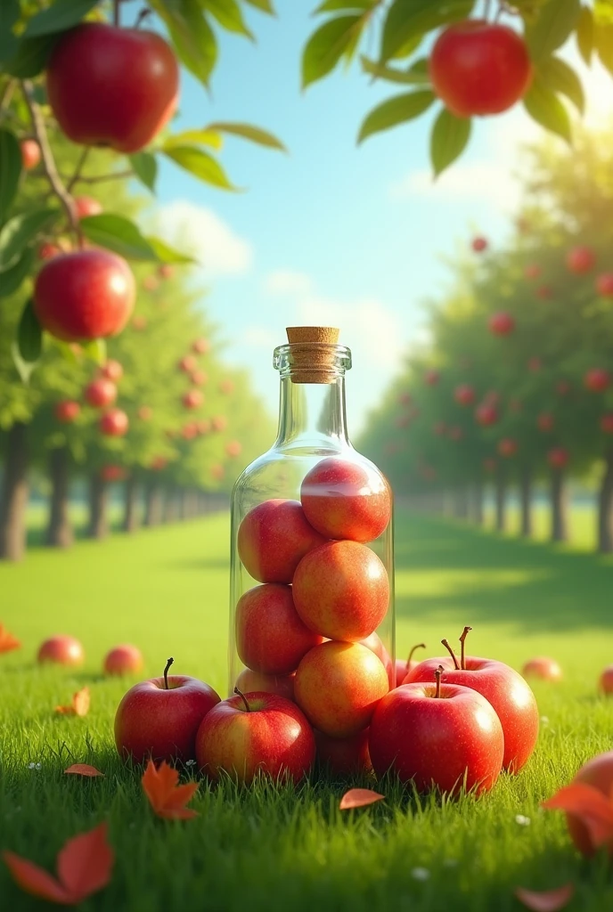 Apple bottle in a green field fill of apples blurred