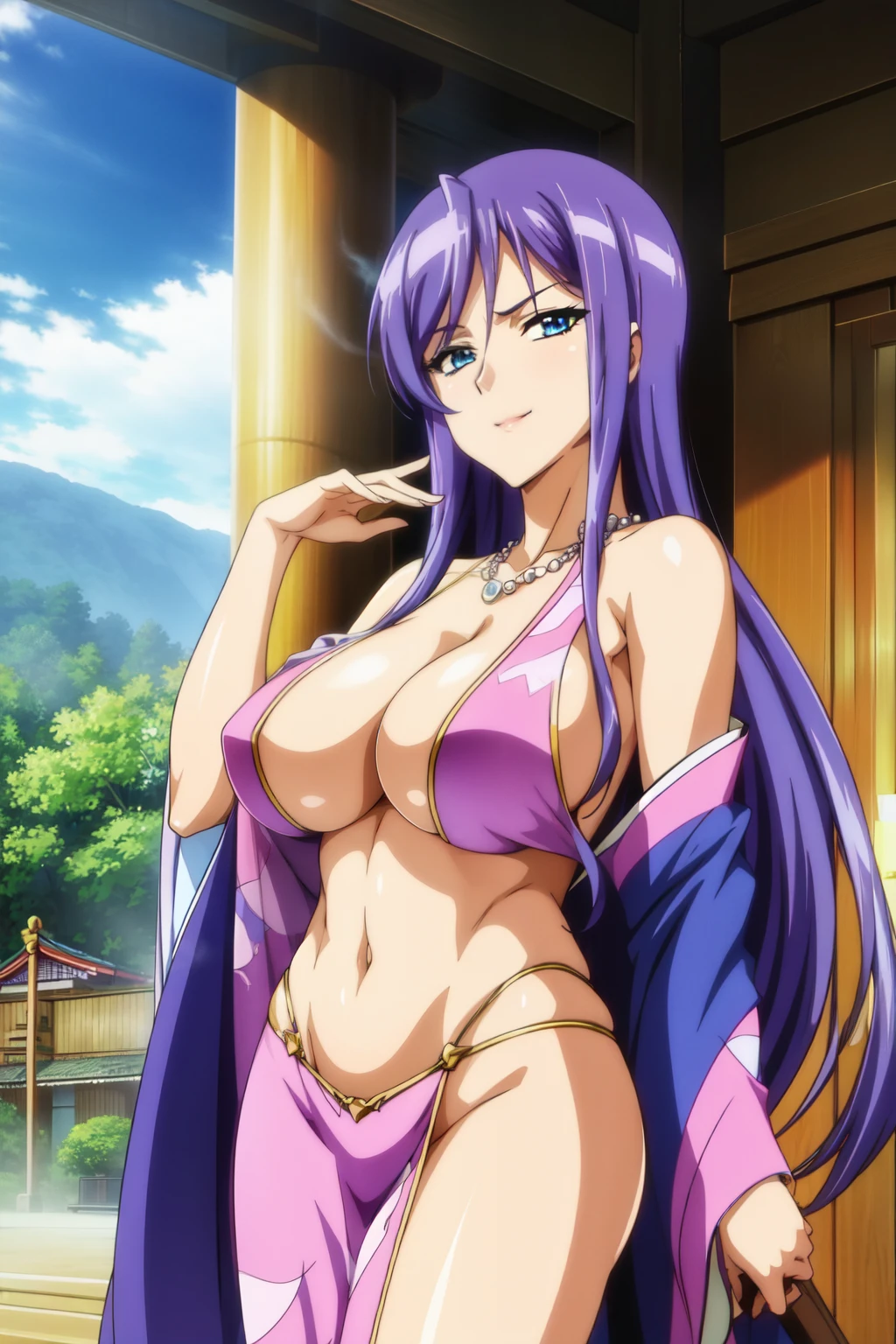 jewelry,gem, necklace, 
blue eyes, purple hair,long hair,Bangs,
long hair, lipstick, smile, Hot girl, baddie, staring, glaring, bad attitude, mean girl, dare, angry, hate, crazy, smoking, sensual, attractive, masterpiece, best quality, highly detailed, a anime girl in kimono dress ,holding sword, bare
shoulder,open kimono, evil smile, open mouth, crop top , smile, ecchi anime
style, anime girls, ecchi style, ecchi, digital anime art!!, in anime style, official artwork, visual novel cg,
beautiful anime girl, anime style 4 k, kimono pencil skirt, exposed belly, exposed navel,
exposed midriff, exposed lower belly, outdoor, japanese architecture, temple