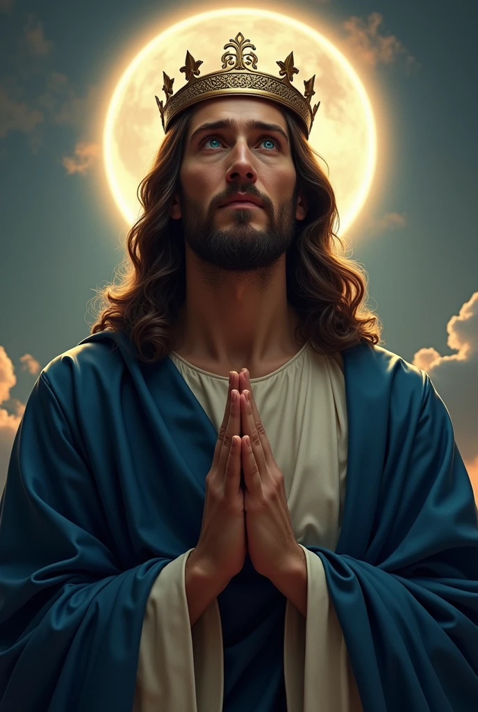Perfect hand 5 finger, Portrait of a handsome Jesus Christ wearing the dark blue king clothes with king crown in the eclipse, Jesus Christ, real blue eyes, sunny day, intricate details.real Jesus Christ, straight head face, Straight body.Prayer Jesus Christ, perfect full body, perfect hands finger,Prayer Jesus Christ, praying Jesus Christ backgrounds natural photographic