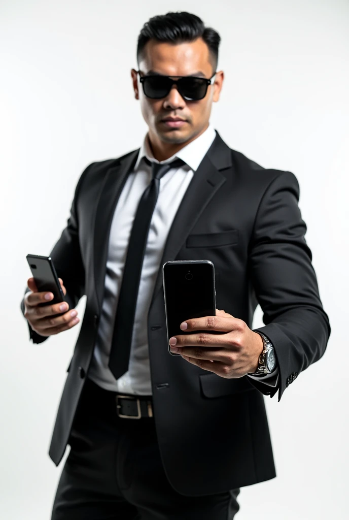 Asian strong buff man(He is strong,buff,confident, wears a suit and sunglasses and look fearless.)showing phone with white background